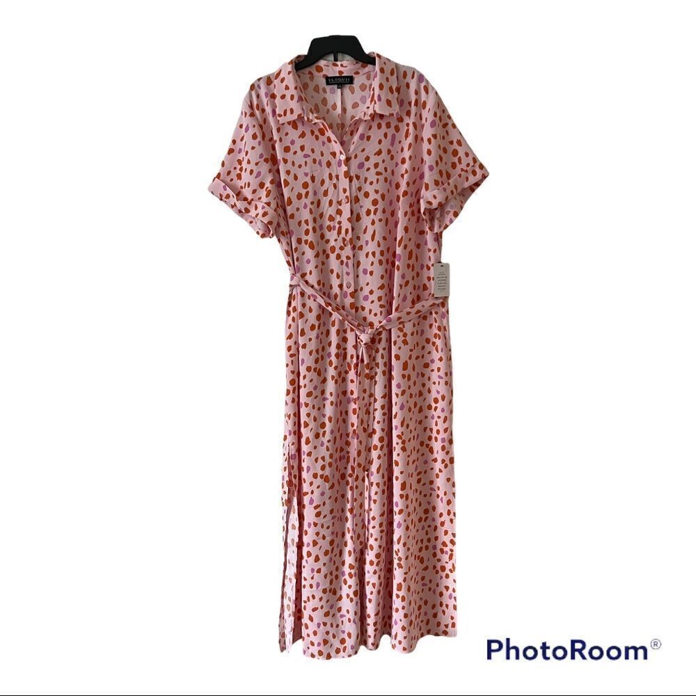 Eloquii Pink Maxi Shirt Dress with Orange Spot Print - Picture 3 of 8